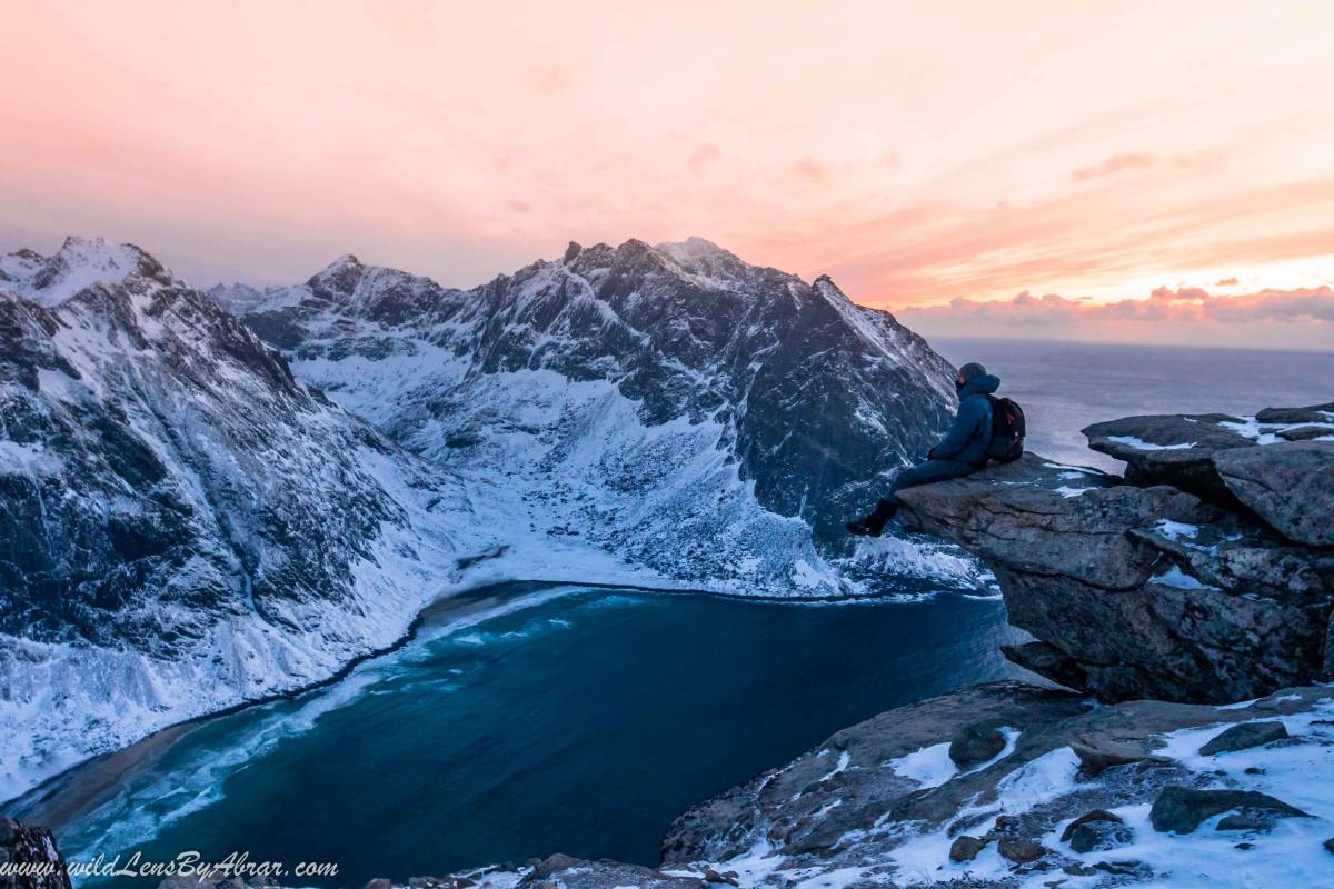 Looking down at Kvalvika Beach from Ryten Peak in Winter