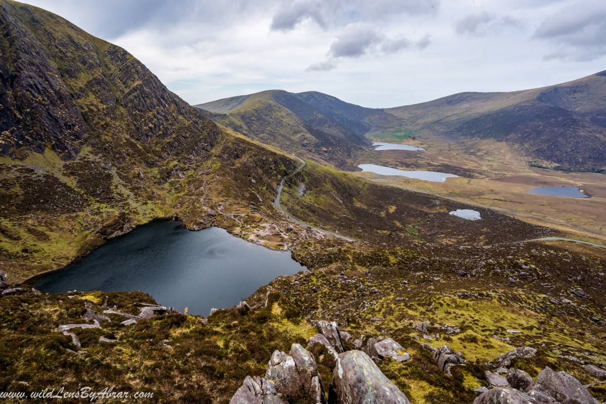 Views of Lough Doon and surrounding lakes from the hike to Coumanare