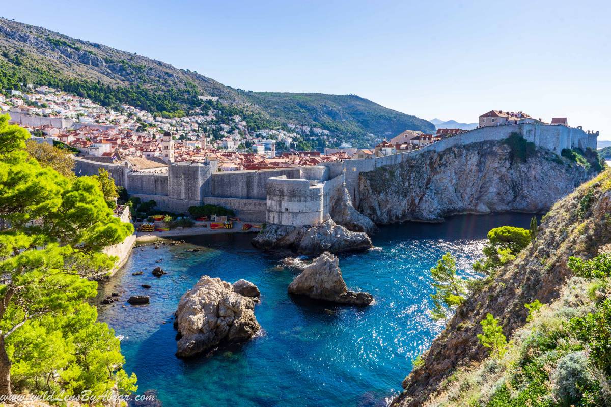 Dubrovnik - City walls and old town from the entrance of Lovrijenac