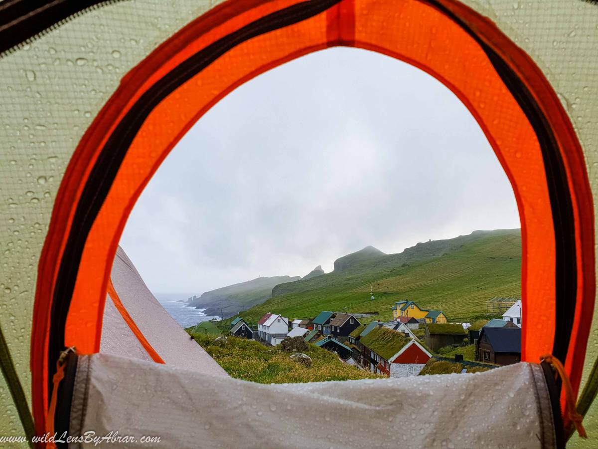 The incredible views of the Mykines island from inside the tent