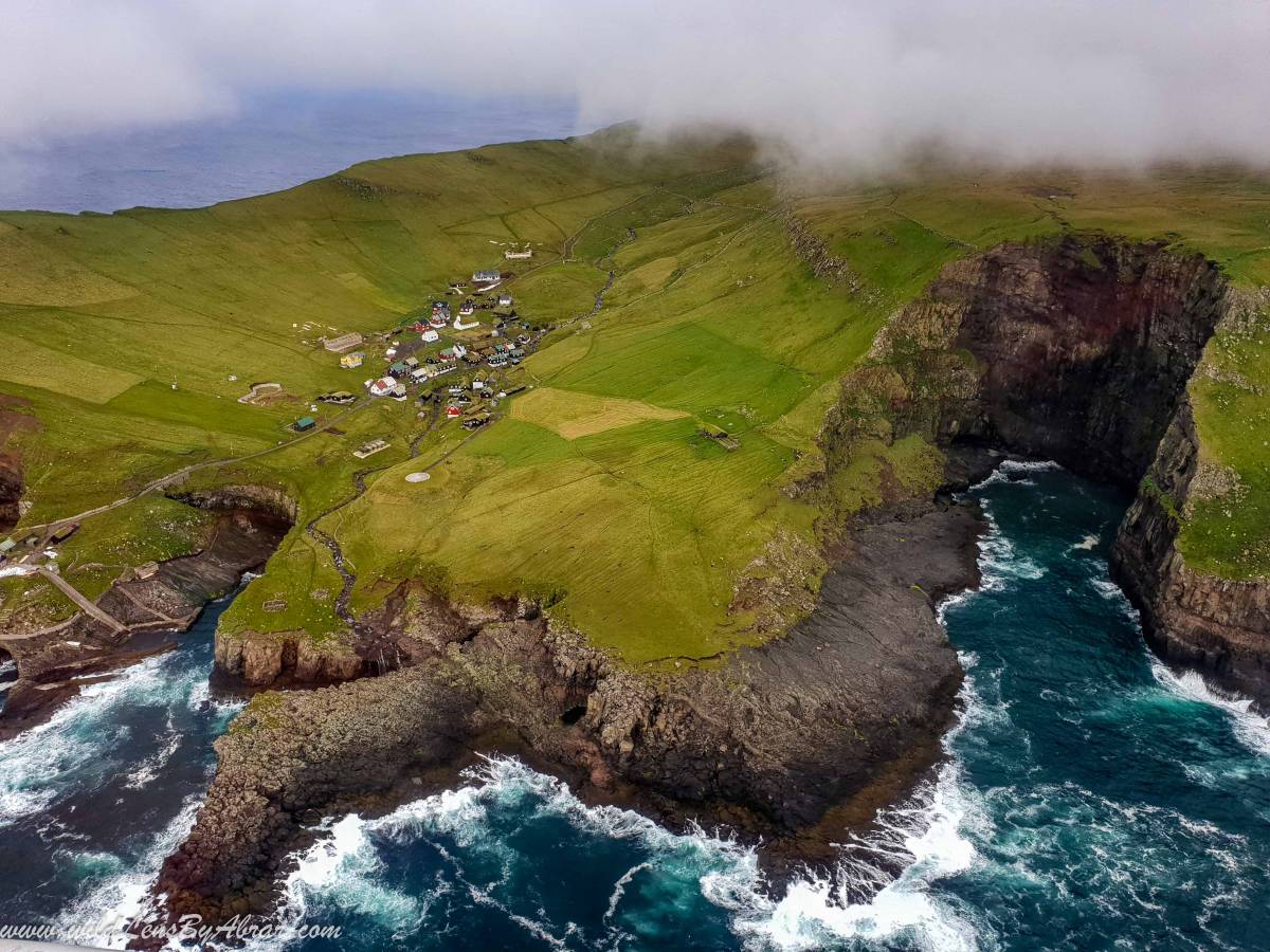 Mykines village and cliffs from the helicopter