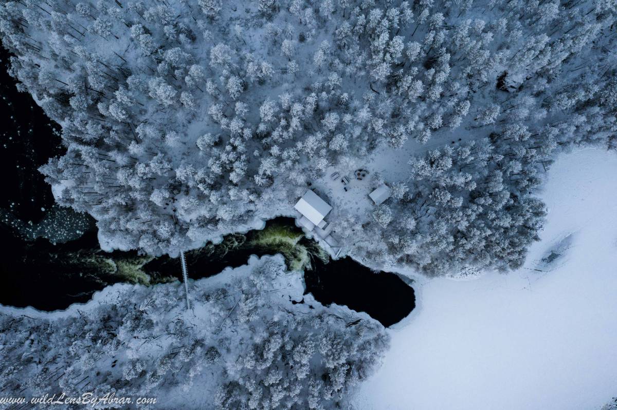 Arial view of Myllykoski Rapids and Hut in Oulanka National Park