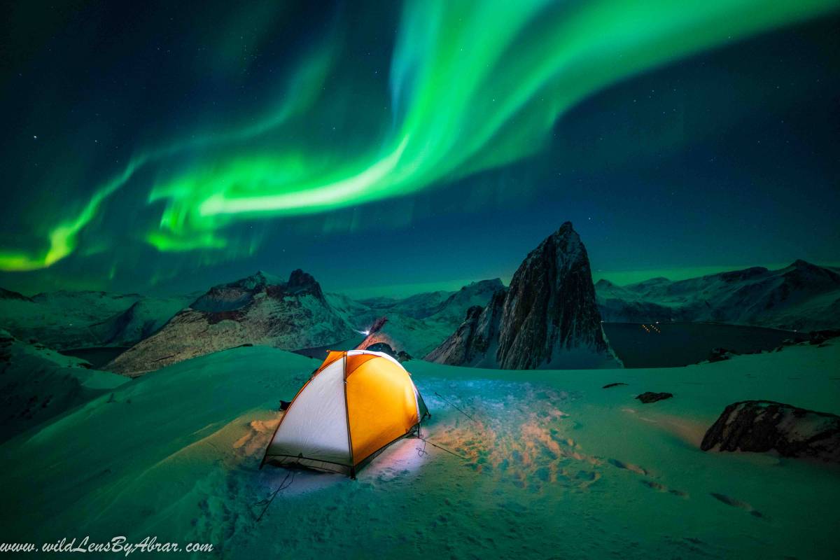 Northern Lights (Aurora Borealis) over Segla from the Summit of Hesten Mountain