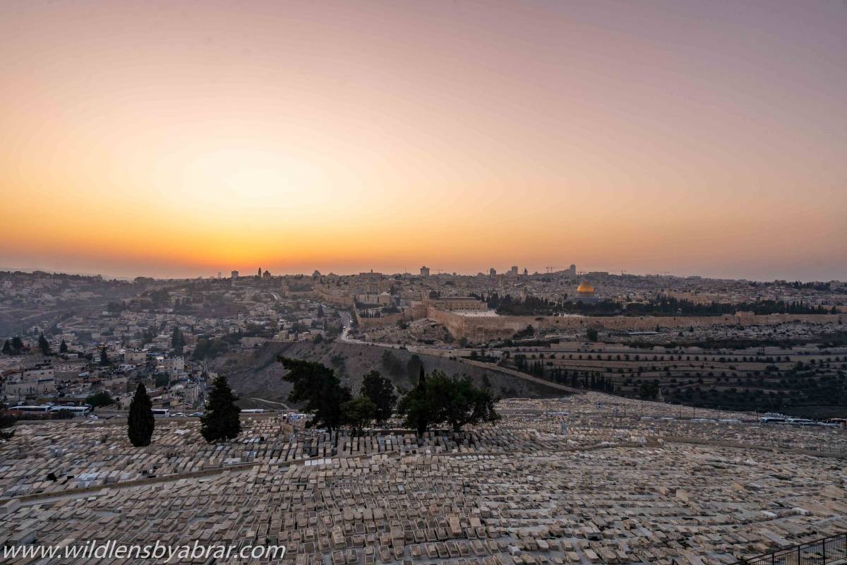 Jewish Cemetery and Temple Mount at Sunset from Mount of Olives