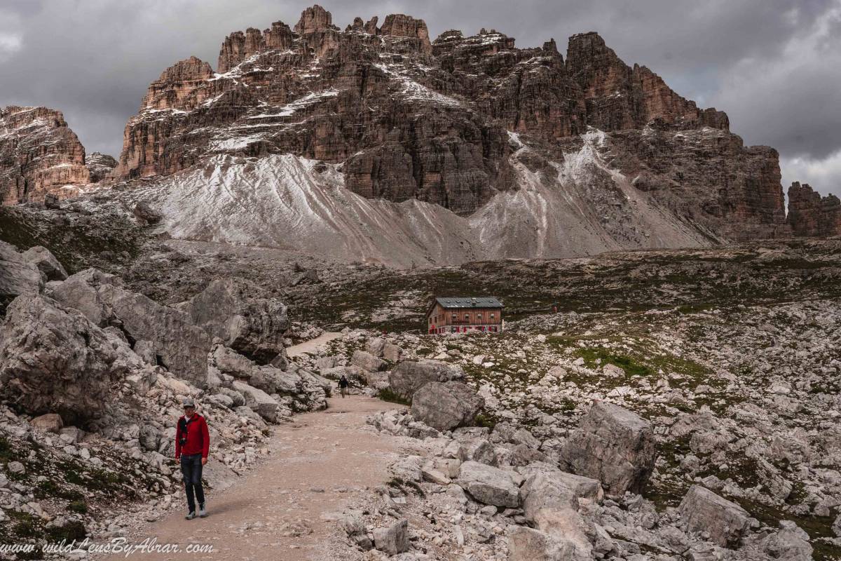 First views of the Rifugio Lavaredo from the Tre Cime hiking Trail