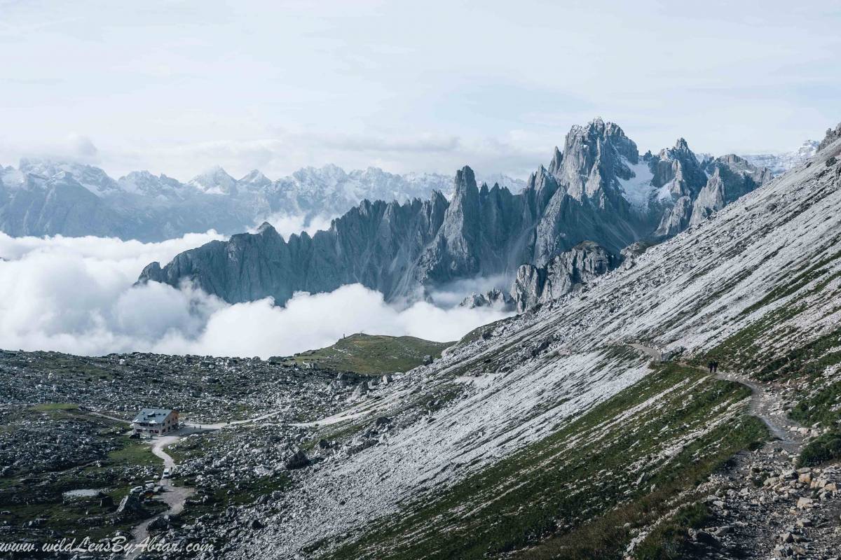 Looking back at the Rifugio Lavaredo from the Trail