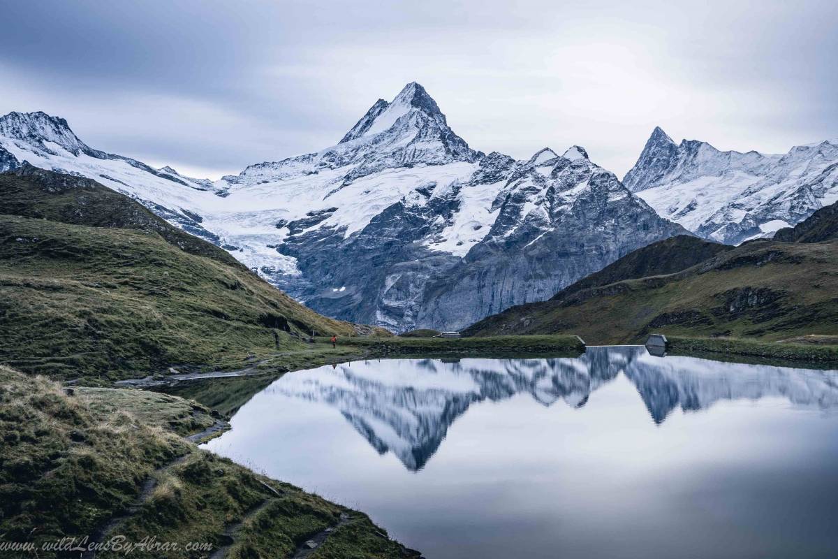 Reflection of Wetterhorn Mountain in Bachalpsee on a calm weather