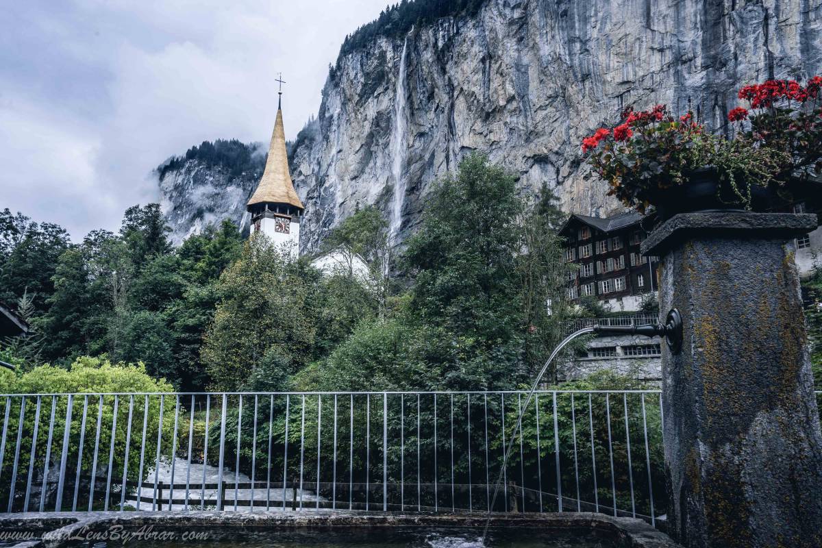 Iconic Staubbach Waterfall and the Church