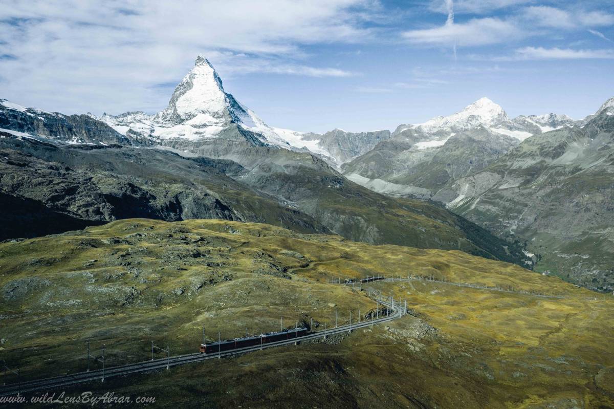 Aerial view of Matterhorn and Gornergrat train