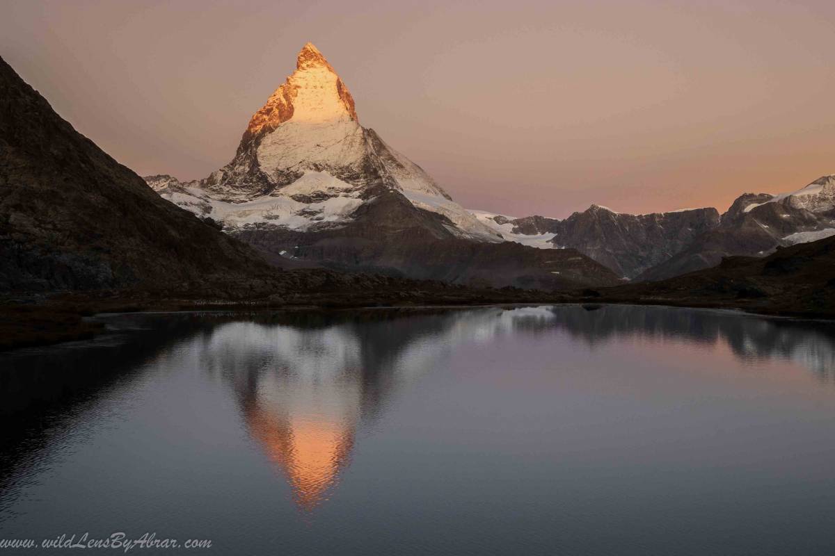 Magical Sunrise and Reflection of Matterhorn in Riffelsee