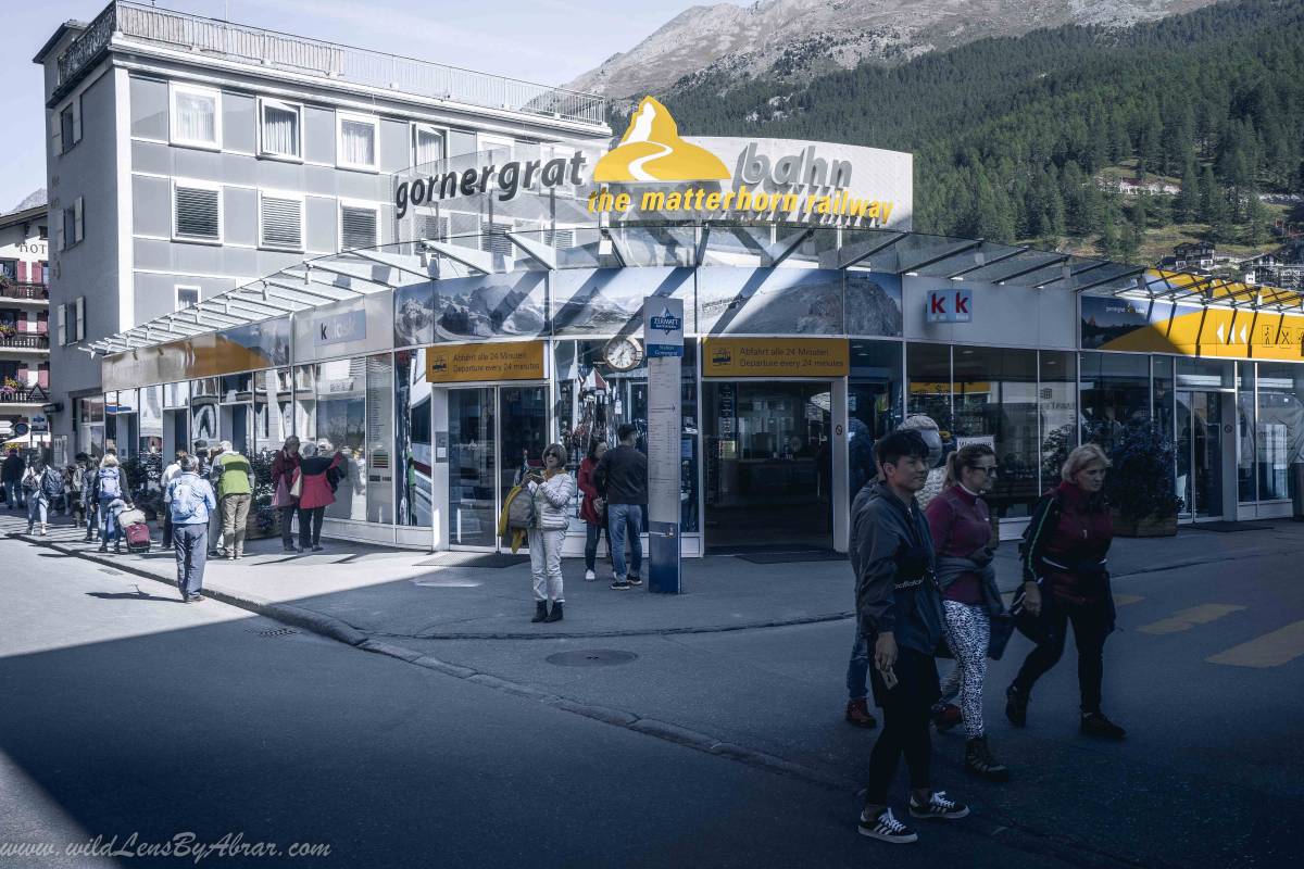 The trains to Gornergrat leave from in front of Zermatt train station.